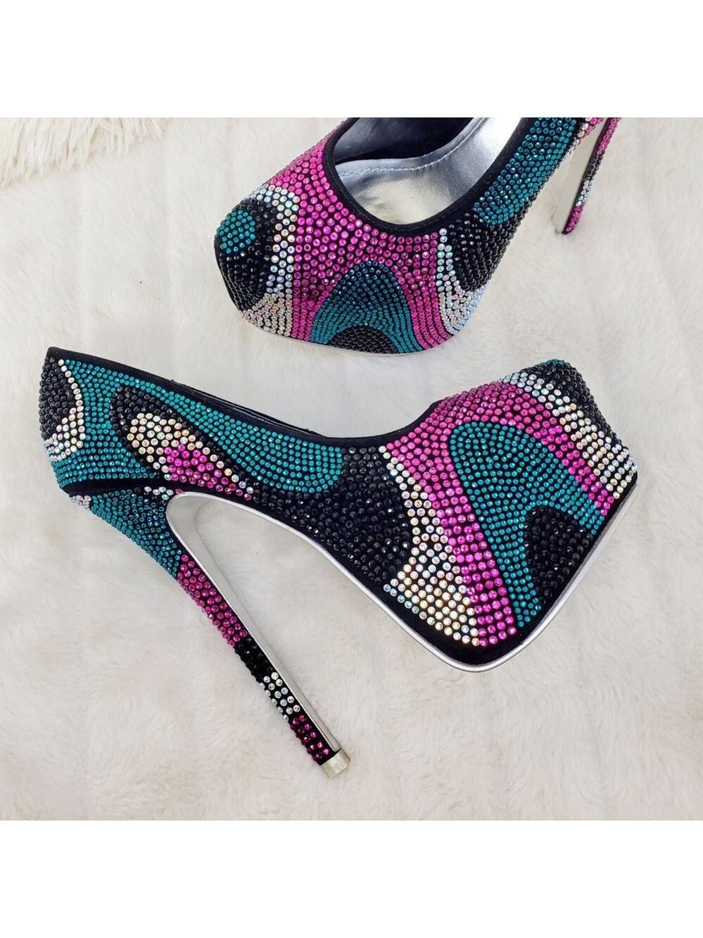 Ying Yang Black Multi Color Black Purple Teal Rhinestone Sexy Platform Pumps
